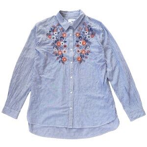 Sonoma Blue & White Striped Shirt, Flower Embroidery, Long Sleeve, Sz Medium